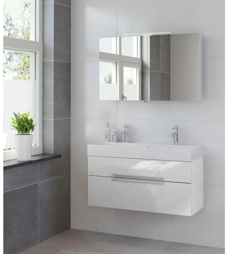 Bruynzeel Mino 100 cm hoogglans wit badkamermeubel 2 kraangaten met spiegelkast