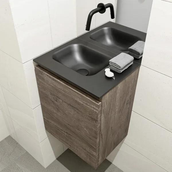 MONDIAZ OLAN Toiletmeubel 40x30x40cm met 0 kraangaten 1 lades dark brown mat Wastafel Lex links Solid Surface Zwart FK75343045