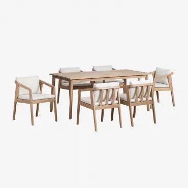 Kaela Rechthoekige Tafelset (180x90 Cm) En 6 Acaciahouten Tuinstoelen Lichte Acaciekleur & Stof Gardenia Wit - Sklum