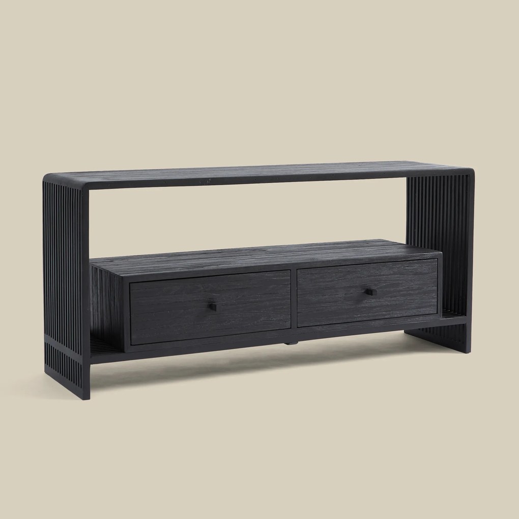 Zwart Tv-meubel Teak Latjes - 110x30x50cm.