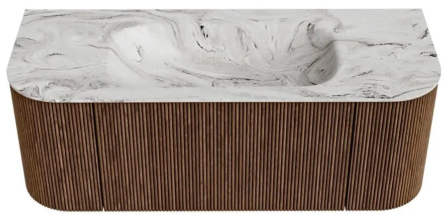 Mondiaz Kurve-dlux 120cm badmeubel ronding links/rechts walnut met 1 lade en 2 deuren en wastafel big small midden 1 kraangat glace