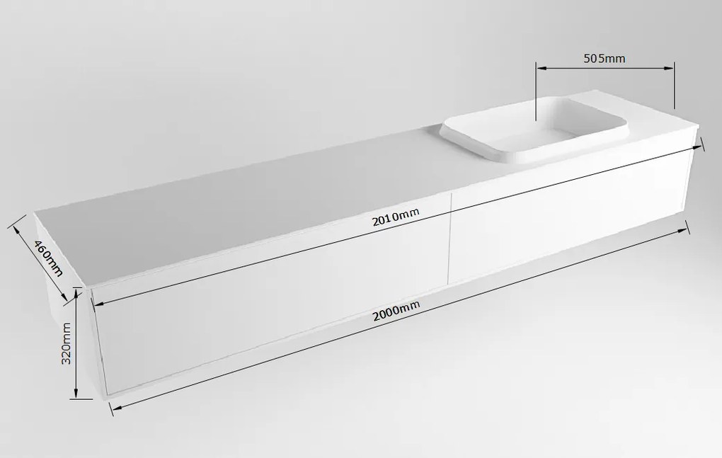 Mondiaz Erin 200cm badmeubel Carrara met 2 lades en zwarte wastafel rechts zonder kraangaten