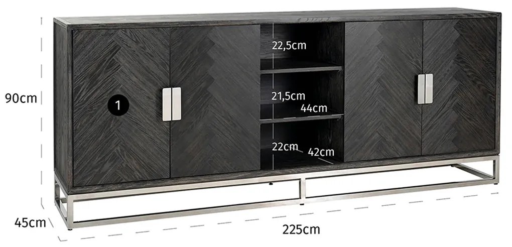 Richmond Interiors Blackbone Silver Groot Dressoir Zwarte Visgraat Met Zilver - 225x45x90cm.