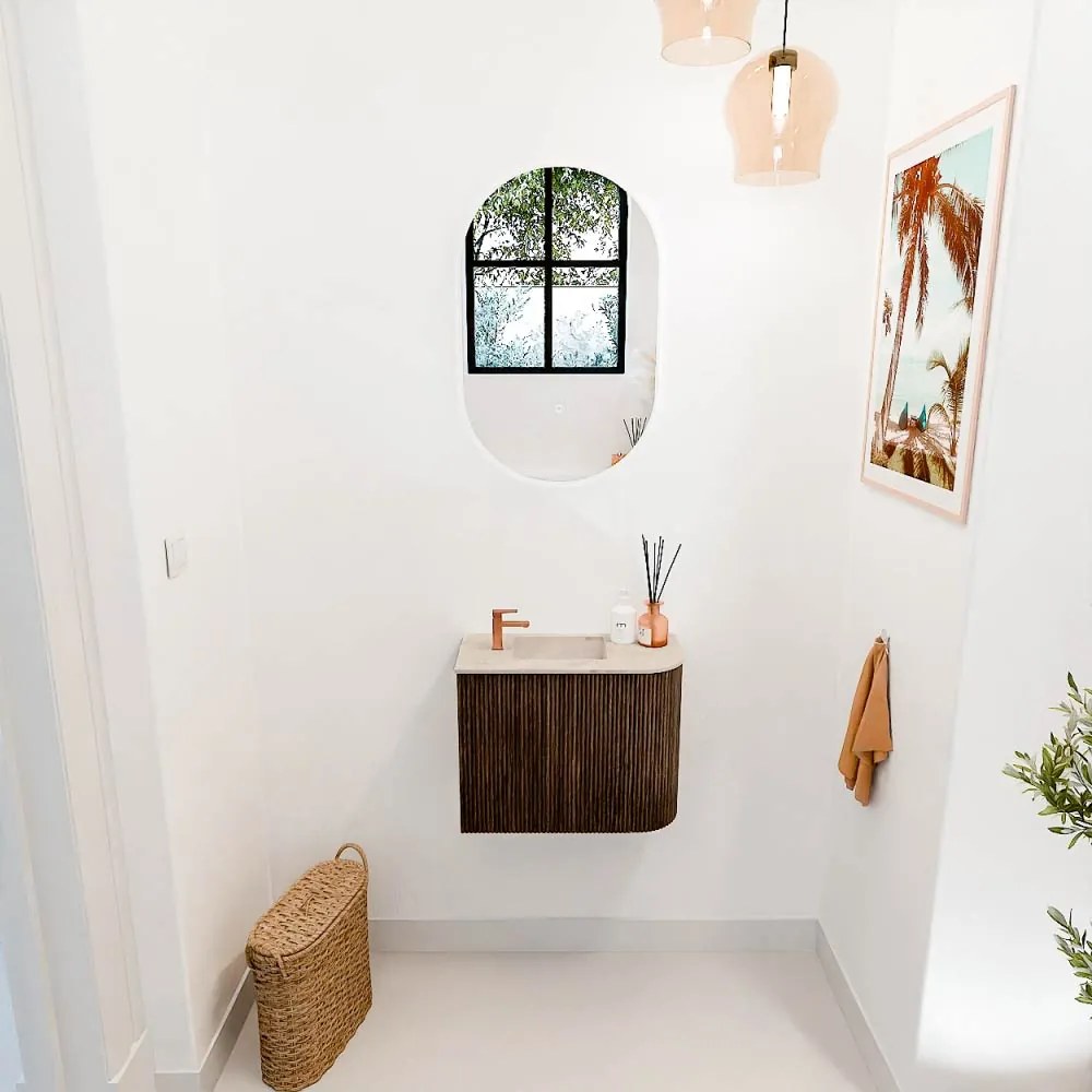 Mondiaz Joya DLux 50cm toiletmeubel ronding rechts walnut met wastafel faye links 1 kraangat frappe