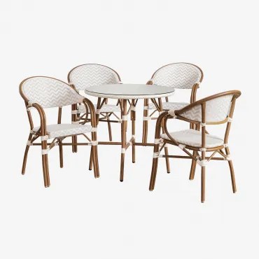 Set Van Ronde Tafel Ø80 Cm En 4 Stapelbare Eetkamerstoelen Met Armleuningen Van Aluminium Brielle Bistro Naakt Beige - Gardenia Wit - Sklum