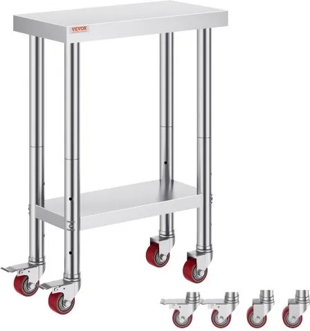 VEVOR Roltafel 61 x 30 x 85 cm RVS Catering Werktafel Draagvermogen 350 kg, Voedselbereidingstafel Commerciële Keukentafel voor Bar met 4 Verstelbare Voeten