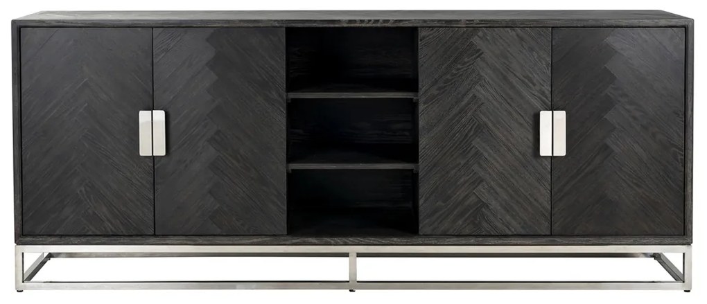 Richmond Interiors Blackbone Silver Groot Dressoir Zwarte Visgraat Met Zilver - 225x45x90cm.