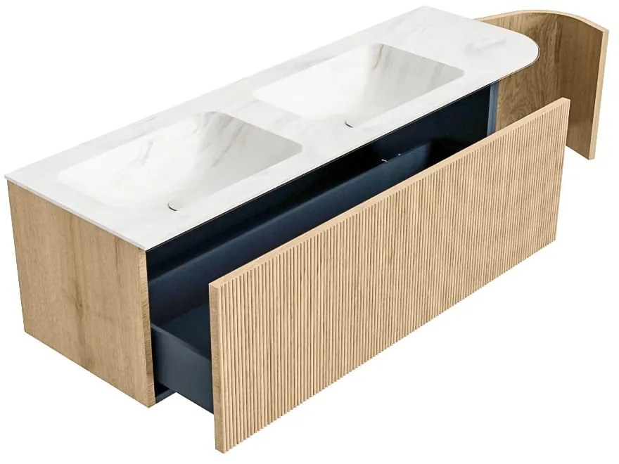 Mondiaz Kurve-dlux 145cm badmeubel ronding rechts oak met 1 lade en deur en wastafel leaf dubbel/links 2 kraangaten ostra