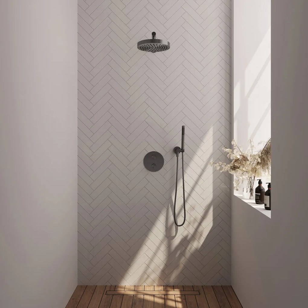 Brauer Stripe inbouw regendouche rond met 25cm hoofddouche, rechte muurarm en staafhanddouche set 37 gunmetal geborsteld PVD