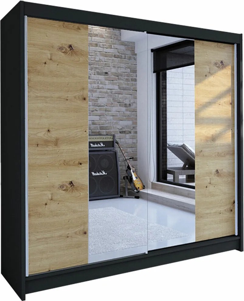 Kledingkast Closico Cavaris II, Zwart, Artisan eiken, 215x180x58cm, 150 kg, Kledingkast deuren: Schuivend, Aantal planken: 5, Aantal planken: 5