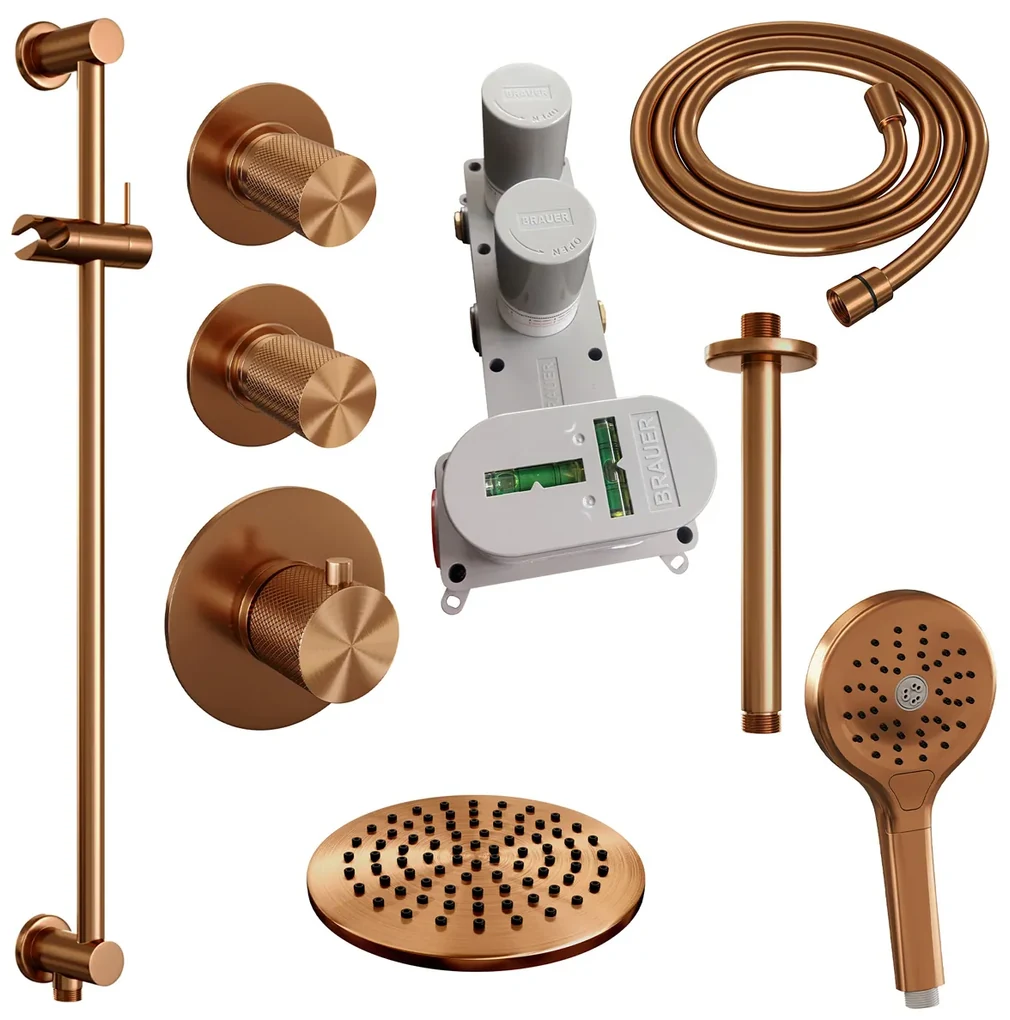 Brauer Copper Carving complete inbouw regendouche set 23 met 20cm douchekop, plafondarm, 3 standen handdouche en glijstang geborsteld koper PVD