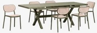 Uitschuifbare Rechthoekige Tafel 180-240x90 Cm Van Aluminium Karena En 6 Stapelbare Tuinstoelen Van Polypropyleen Omara Groen – Intens Olijf - Sklum