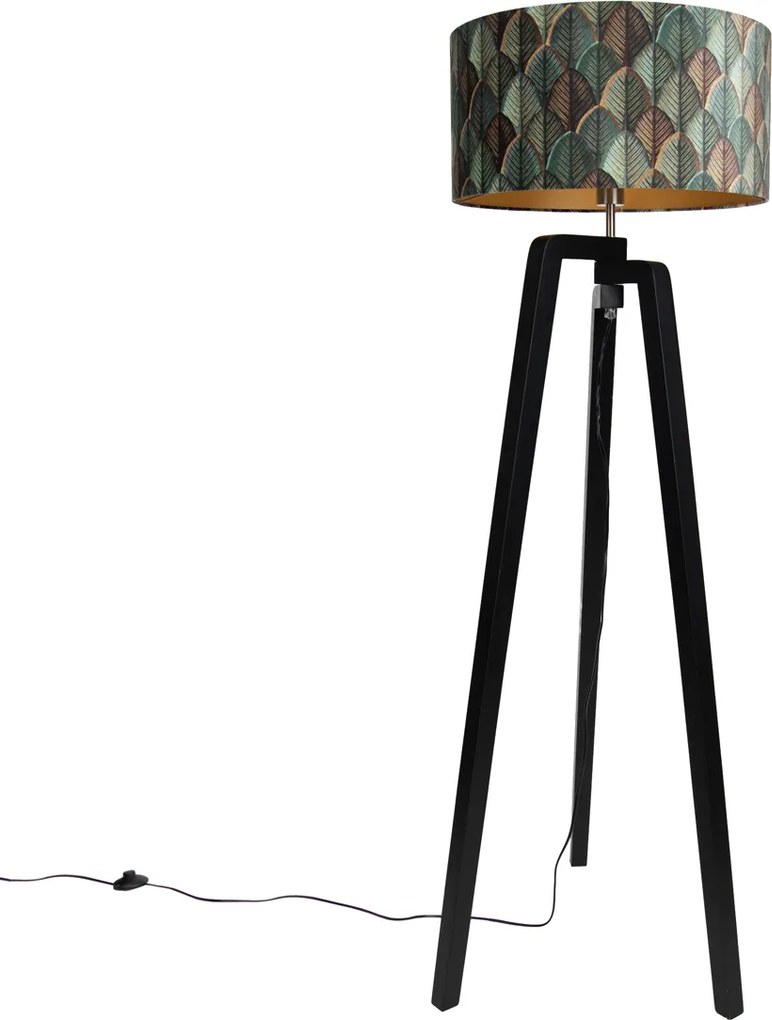 Vloerlamp zwart tripod met kap blad dessin en gouden binnenkant 50cm - Puros