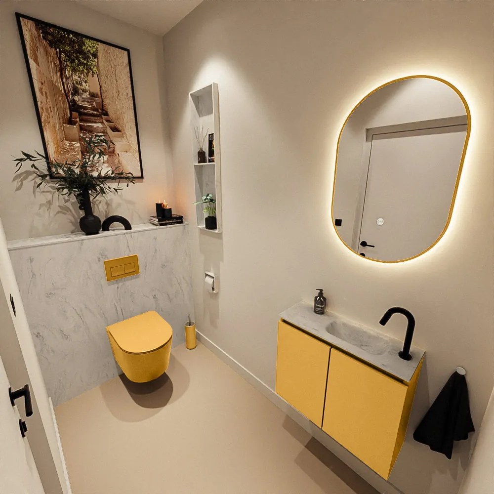 Mondiaz Ture DLux toiletmeubel 60cm ocher met wastafel opalo rechts met kraangat