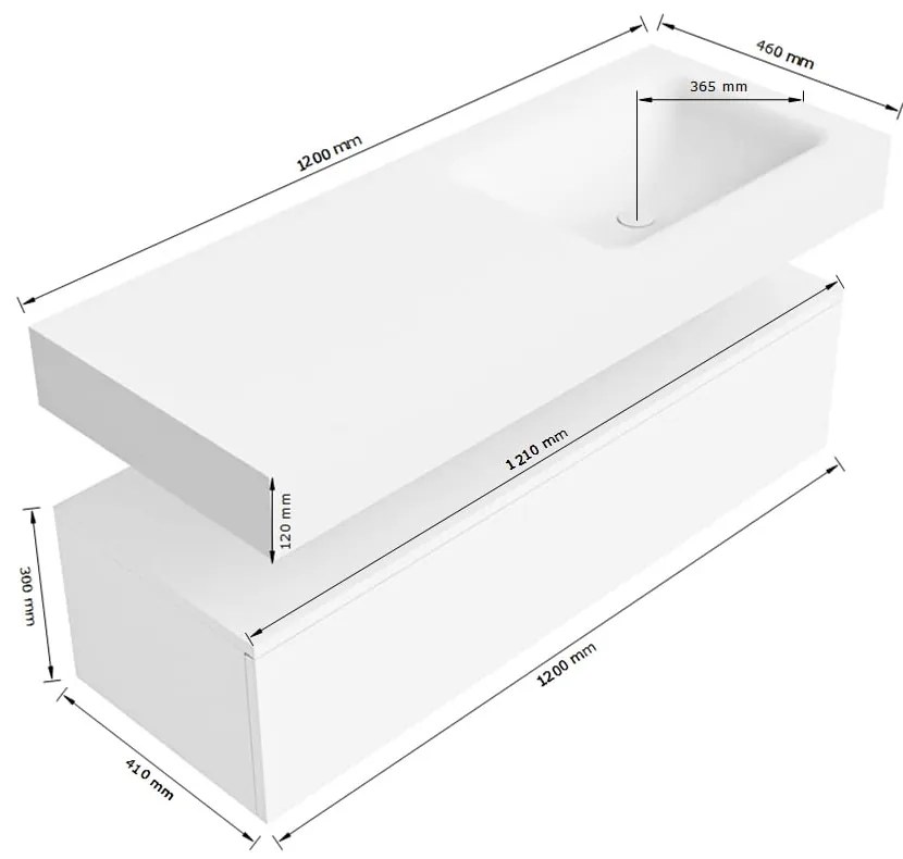 Zaro Alan badmeubel 120cm sand met 1 lade en vrijhangende wastafel rechts met kraangat wit mat