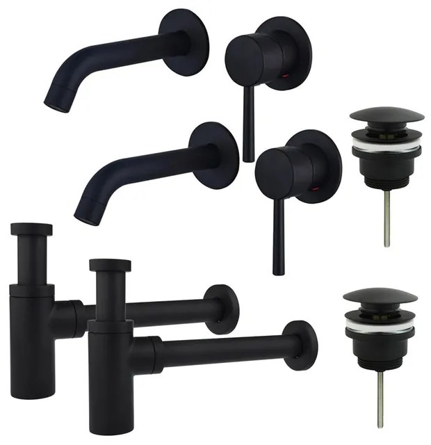 Fortifura Calvi Wastafelkraanset - voor dubbele wastafel - inbouw wastafelkraan - klikwaste plug - design sifon - Mat zwart 2x SW377837/2x SW696199/2x SW696210