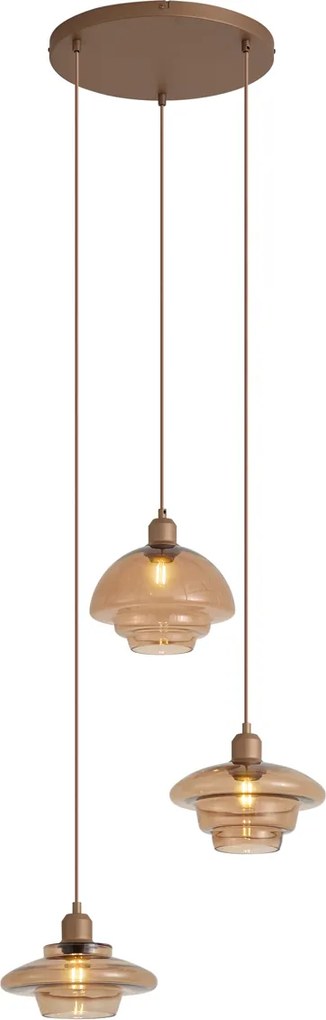Retro hanglamp donker brons met amber kap 3-lichts - Smokey