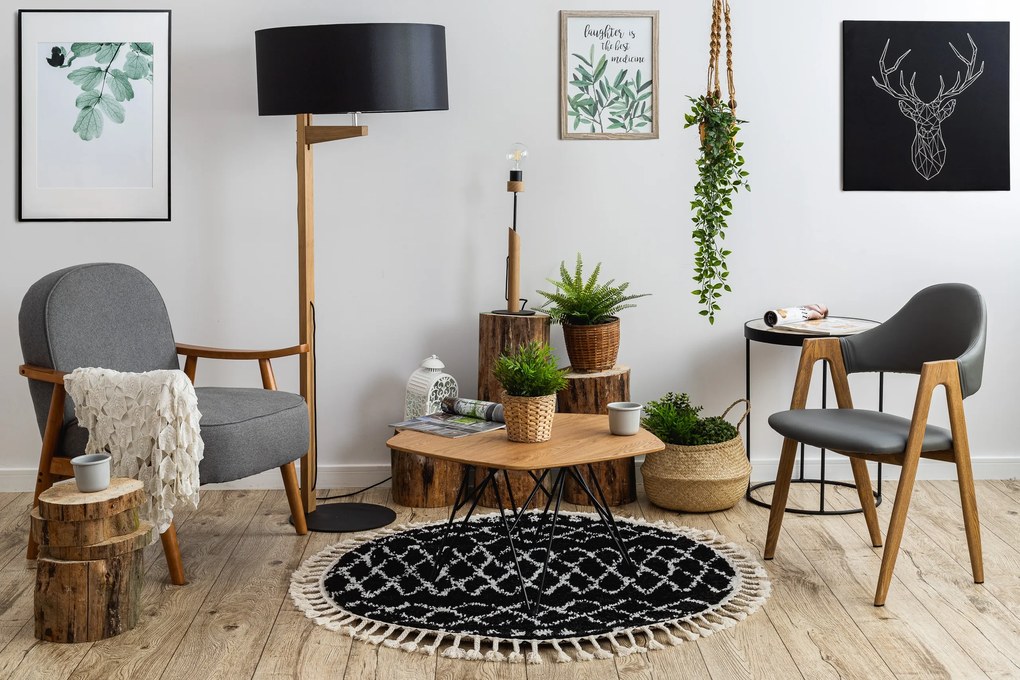 Tapijt BERBER ETHNIC G3802 ROND zwart / witrand ,  Barber , marokkaanse shaggy