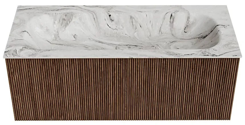 Mondiaz Kurve-dlux 110cm badmeubel walnut met 1 lade en wastafel big medium midden 1 kraangat glace