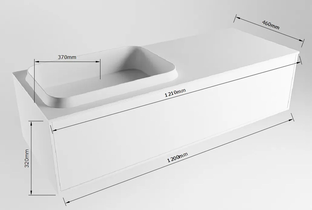 Mondiaz Erin 120cm badmeubel Carrara met 1 lade en donkergrijze wastafel links zonder kraangaten