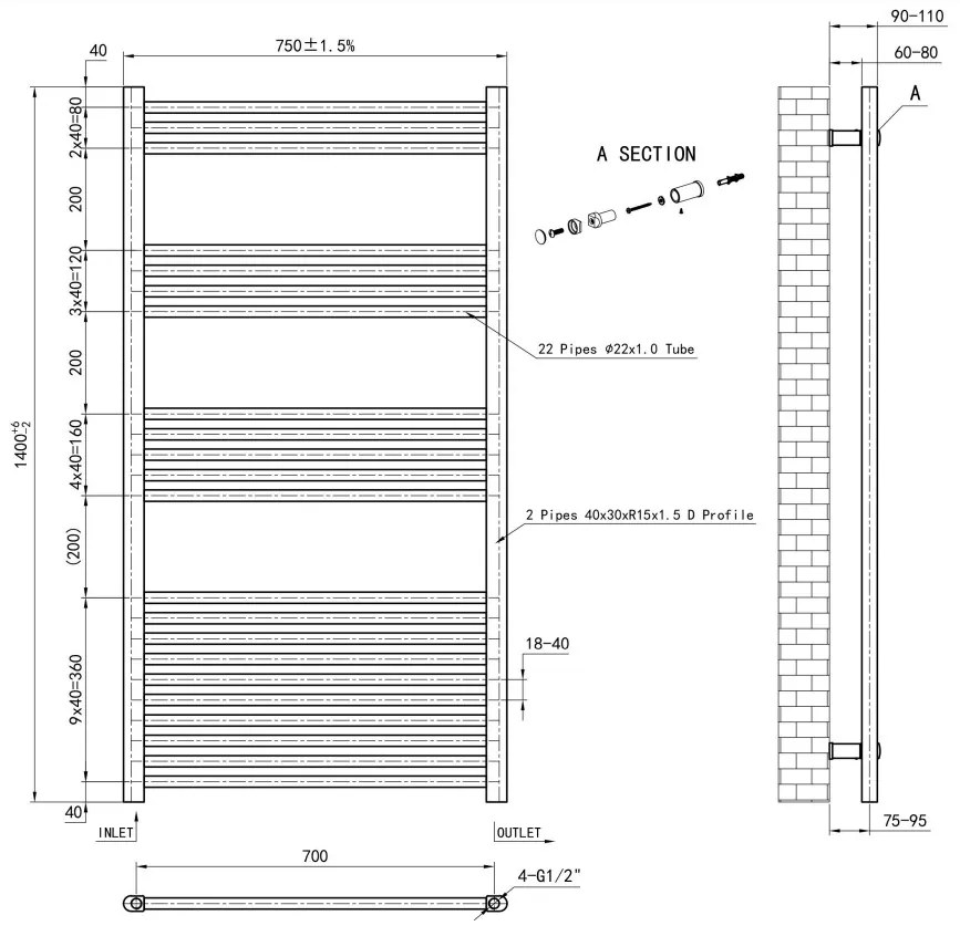 Eastbrook Wendover handdoekradiator 75x140cm 701W chroom