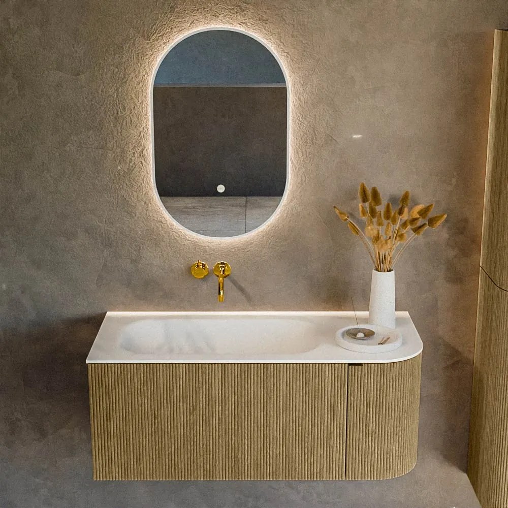 Mondiaz Kurve 105cm badmeubel ronding rechts dusk met 1 lade en deur en wastafel big small links zonder kraangat