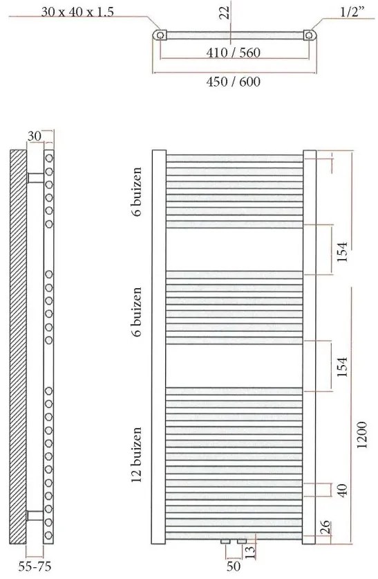 Sanicare design handdoekradiator 45x120cm midden aansluiting zwart mat