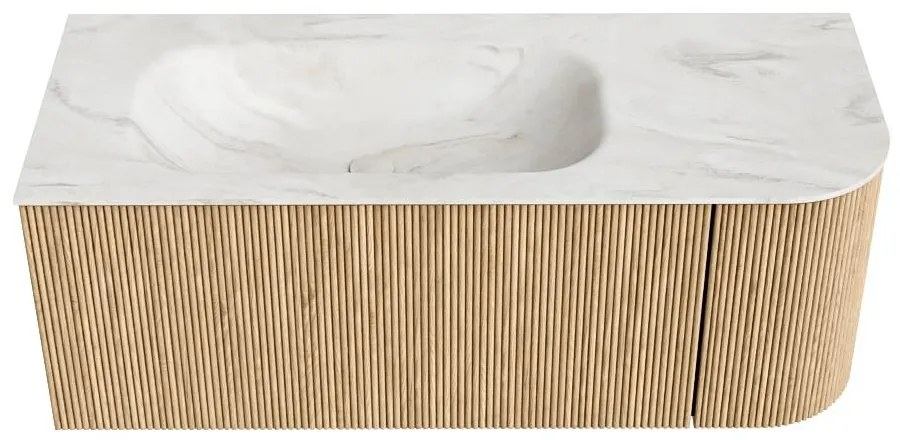 Mondiaz Kurve-dlux 115cm badmeubel ronding rechts oak met 1 lade en deur en wastafel big small links zonder kraangat ostra