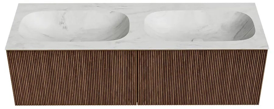Mondiaz Kurve-dlux 140cm badmeubel walnut met 2 lades en wastafel stor small dubbel zonder kraangat opalo