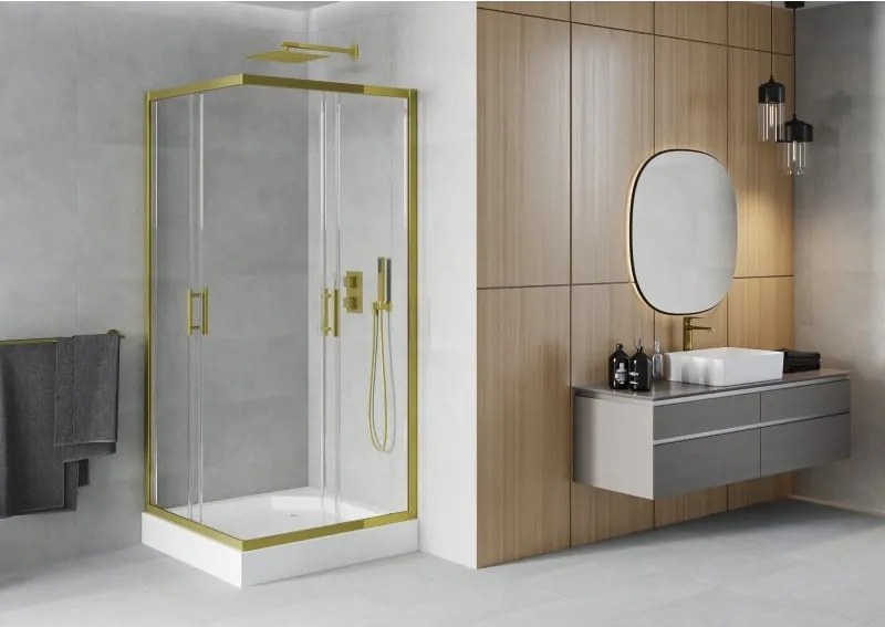 Mexen Rio vierkante douchecabine 90 x 90 cm, transparant, goud + douchebak, wit - 860-090-090-50-00-4510