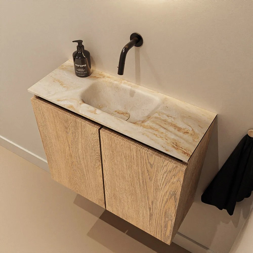 Mondiaz Ture DLux toiletmeubel 60cm washed oak met wastafel frappe midden zonder kraangat