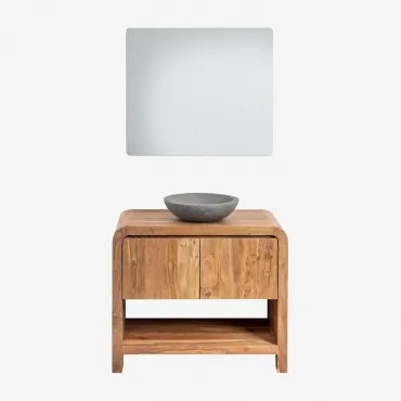 Vacry Houten Badkamermeubelset Acacia Bruin & Rond Grijs Cement Ø40 Cm Tarsis & Rechthoekige Led En Anticondens 80x70 Cm Riben & Zonder Kraan & Ș -