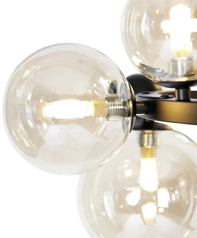 Art deco hanglamp zwart met amber glas 12-lichts - David