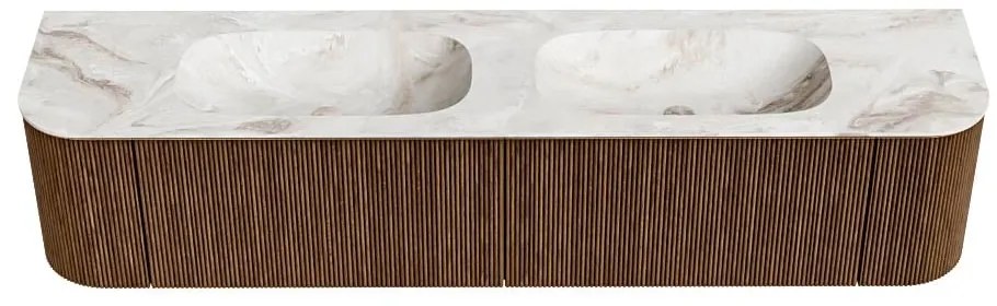 Mondiaz Kurve-dlux 200cm badmeubel ronding links/rechts walnut met 2 lades en deuren en wastafel stor small dubbel zonder kraangat frappe
