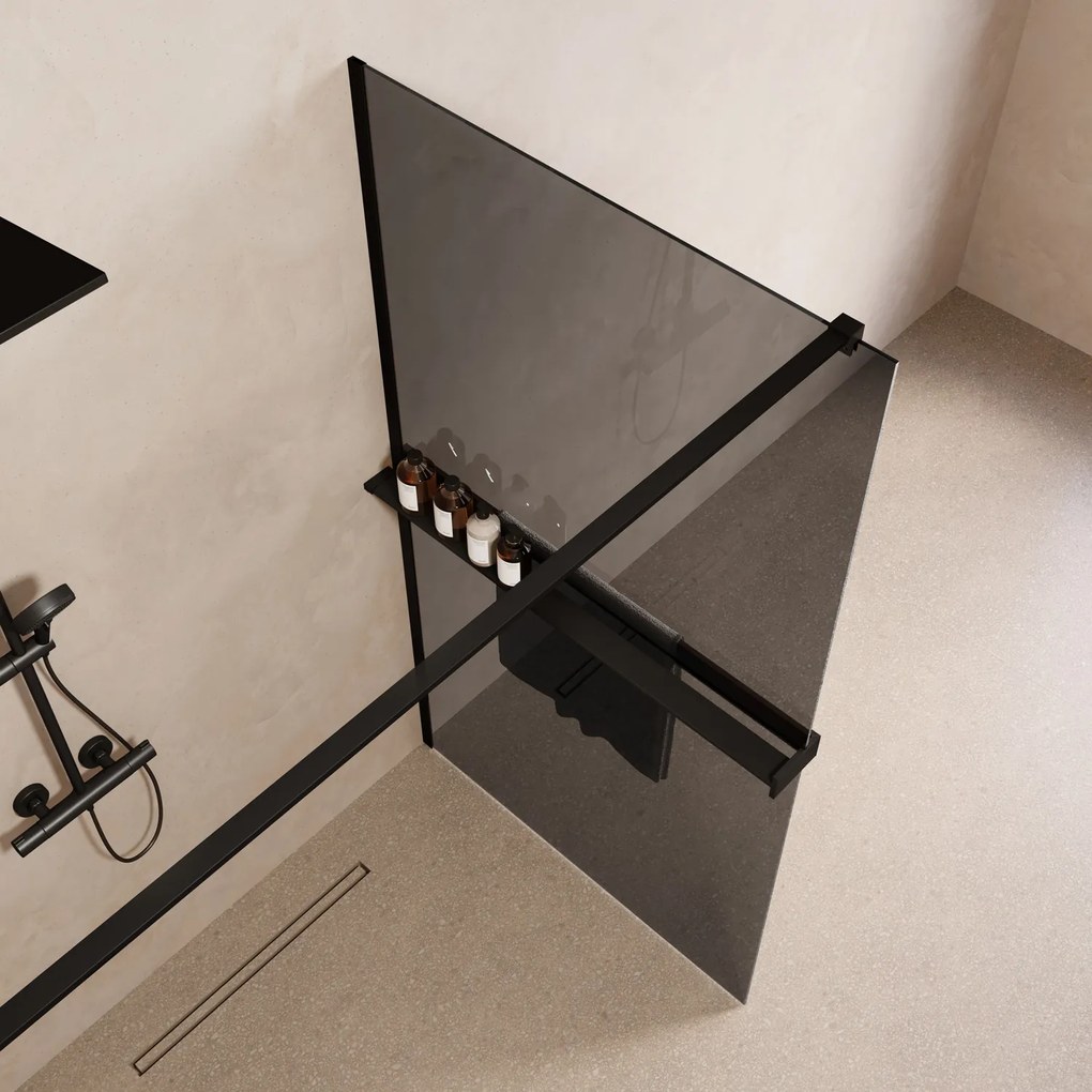 Saniclear Metric inloopdouche 110cm met handdoekhouder en rookglas zwart mat