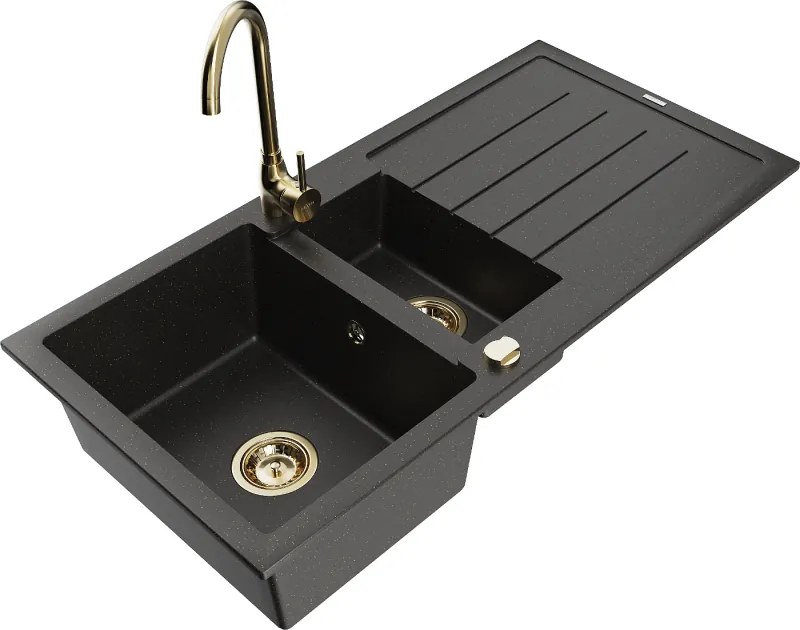 Mexen Andres granieten gootsteen 1,5-komor met afdruiprek en keukenmengkraan Telma, zwart/goud - 6515-75-670200-50