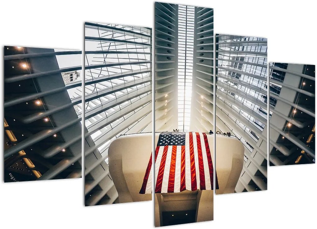 Schilderij - Gebouw met Amerikaanse vlag (150x105 cm), 40 andere afmetingen