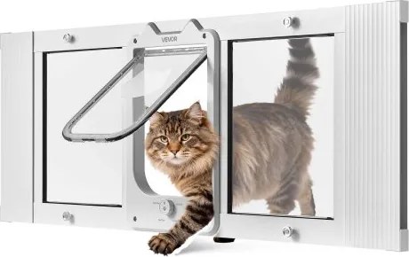 VEVOR Kattenluik/kattendeur, verstelbaar voor raambreedtes (889-1016 mm), weerbestendig huisdierluik met 4 veilige vergrendelingsstanden, aluminium frame, helder glas en magnetische sluiting, wit