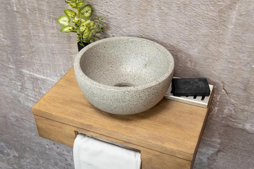 Saniclear Seba fontein met bruin eiken plank en grijze terrazzo waskom voor in het toilet