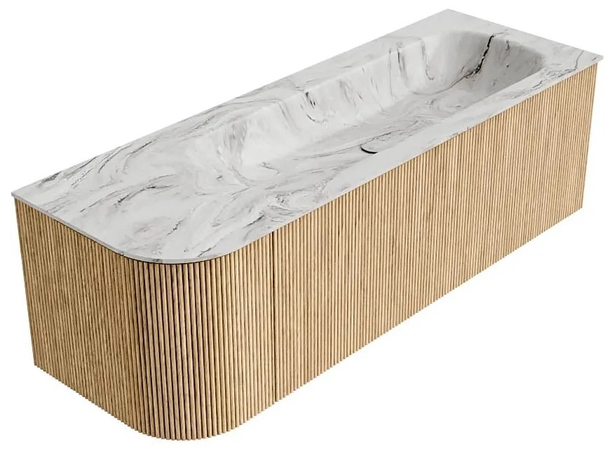 Mondiaz Kurve-dlux 135cm badmeubel ronding links oak met 1 lade en deur en wastafel big medium rechts zonder kraangat glace