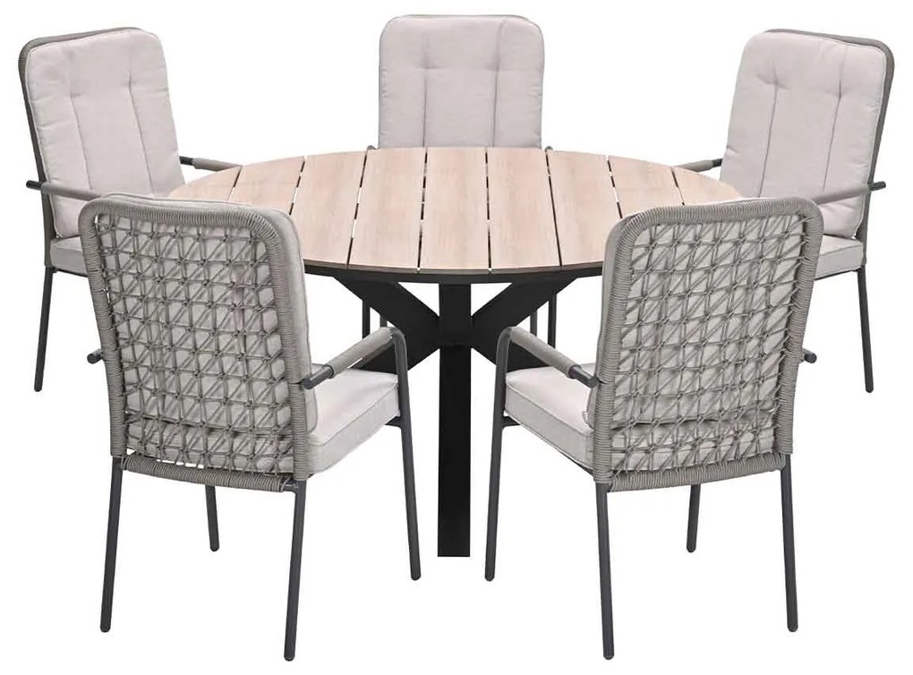 Garden Impressions Aleria tuinset 6-delig taupe - Tulli tuintafel Ø148x75 cm - light teak vironwood