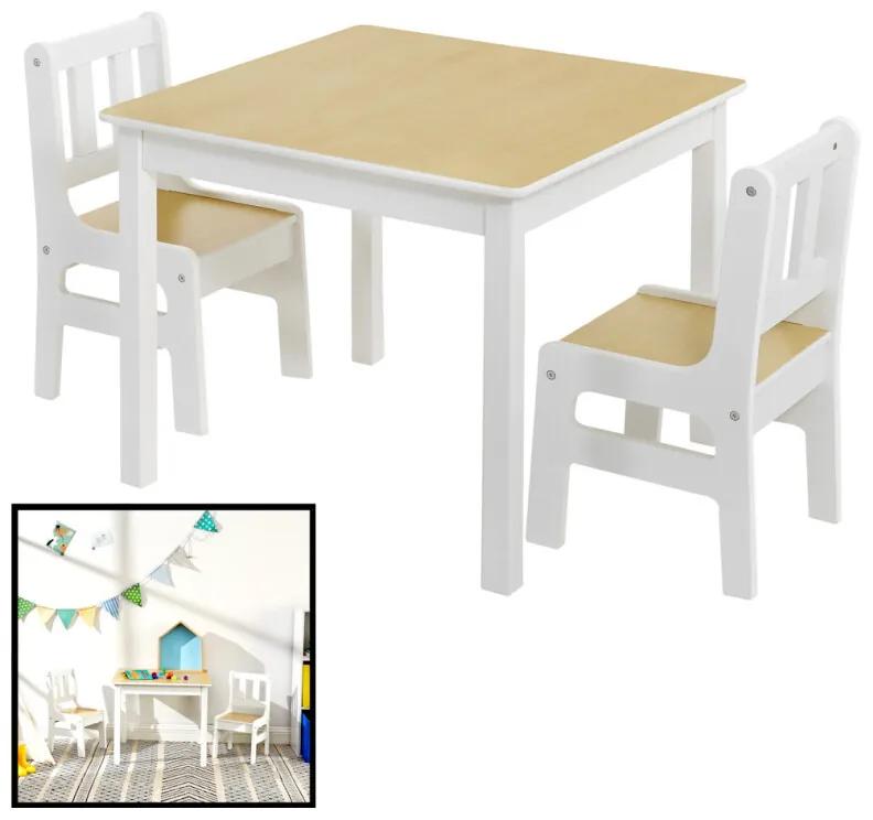 Kindertafel met stoeltjes van hout - 1 tafel en 2 stoelen voor kinderen - Wit met hout - Kleurtafel / speeltafel / knutseltafel / tekentafel / zitgroep set - ®