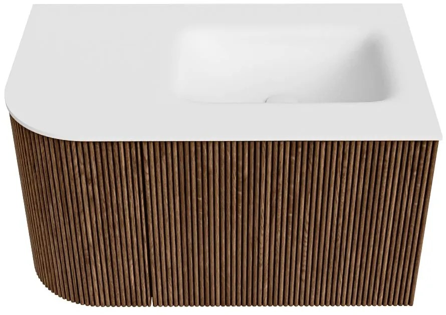 Mondiaz Kurve 75cm badmeubel ronding links walnut met 1 lade en deur en wastafel grunne rechts zonder kraangat
