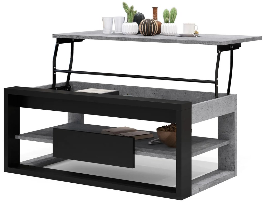 FRAME Millenium Beton/Zwart Mat - MODERNE TAFEL MET OPTILBAAR TAFELBLAD/IN HOOGTE VERSTELBAAR TAFELBLAD + OPBERGVAK + PLANK