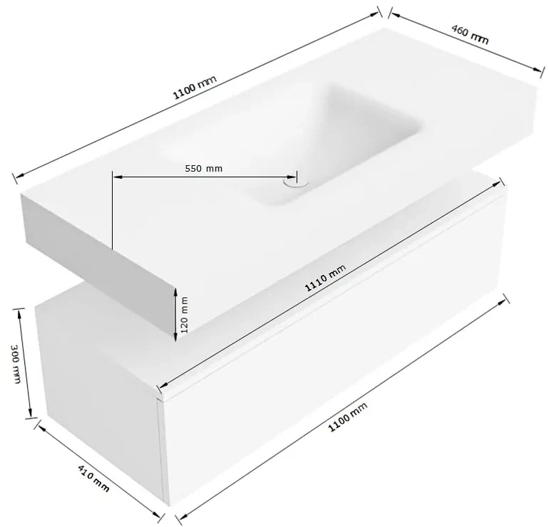 Zaro Alan badmeubel 110cm talc 1 lade met vrijhangende wastafel cloud midden 1 kraangat urban