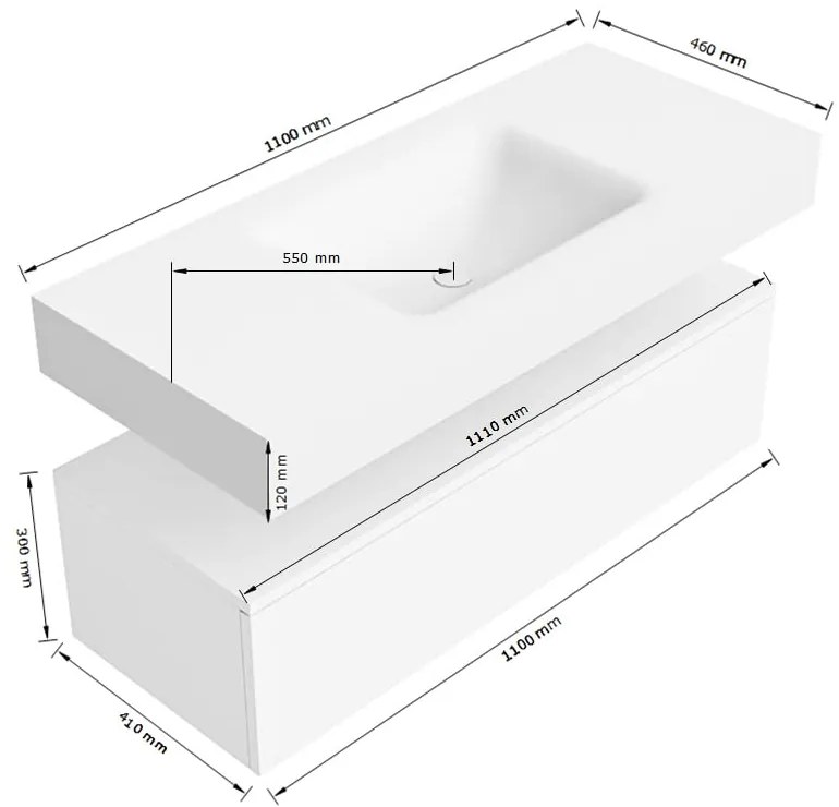 Zaro Alan badmeubel 110cm talc 1 lade met vrijhangende wastafel cloud midden zonder kraangat urban