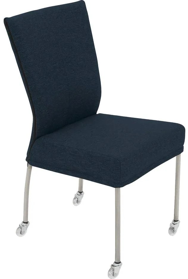 Goossens Eetkamerstoel Funk RVS Poten blauw stof leuning en Transparant skater wiel met rvs kapmet wielen, modern design