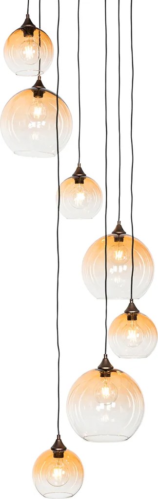Smart hanglamp donkerbrons met amber glas 7-lichts incl. 7 Wifi A60 - Sandra