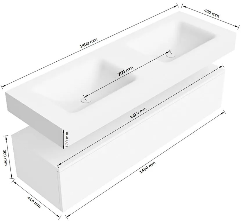 Zaro Alan badmeubel 140cm sand 1 lade met vrijhangende wastafel cloud dubbel zonder kraangat urban