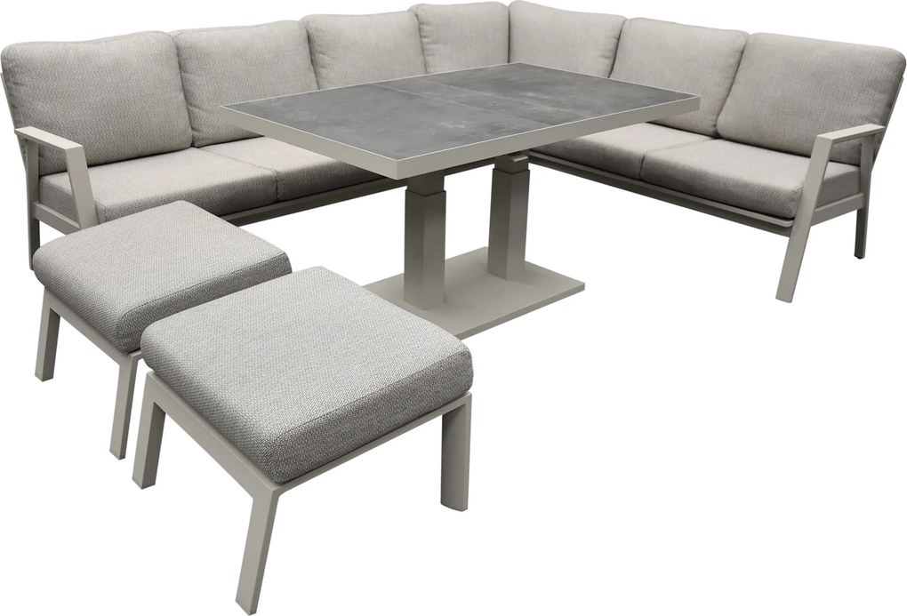 Barolo hoek dining loungeset 6 delig aluminium verstelbare tafel latte zand